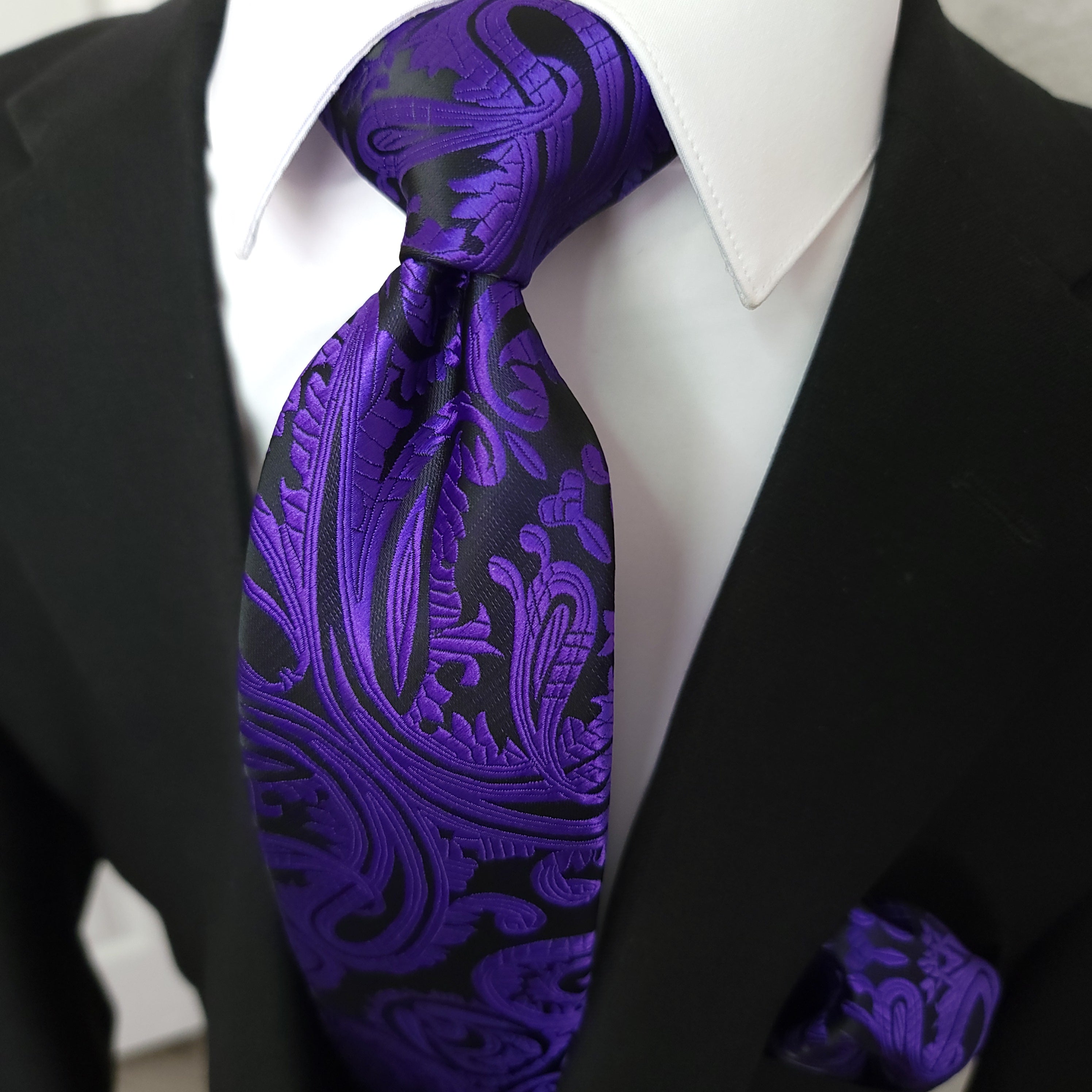 Black Purple Paisley Silk Tie Pocket Square Cufflink Set – STYLETIE
