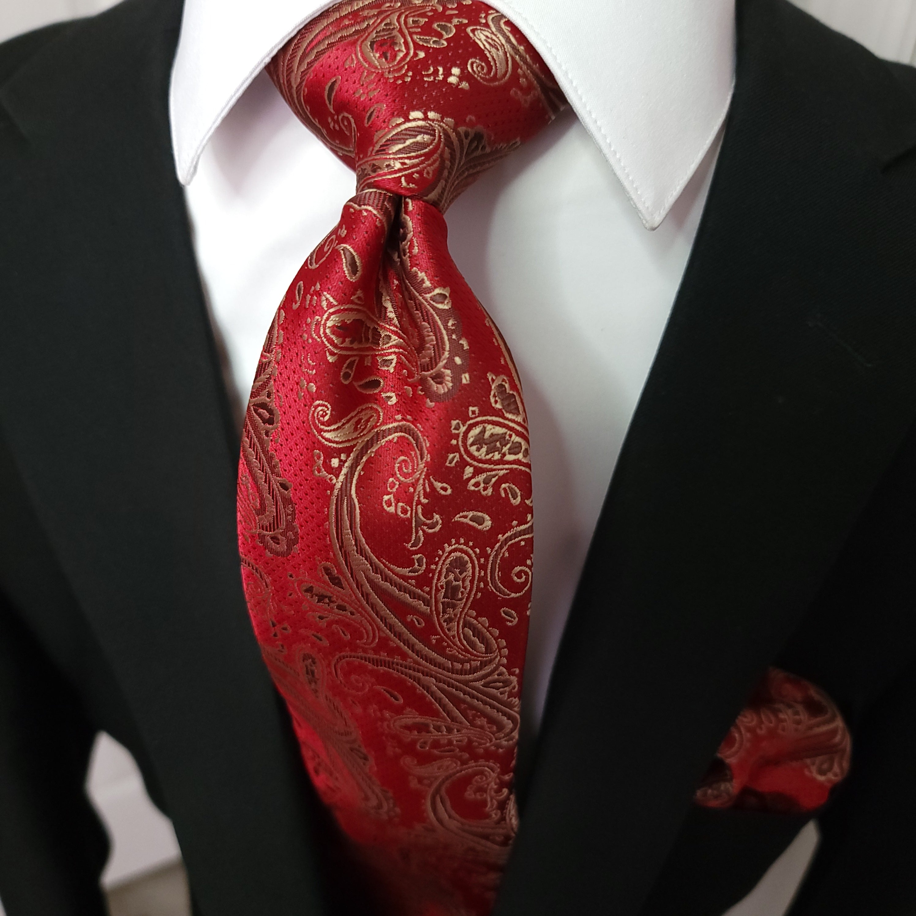 Red Gold Paisley Silk Tie Pocket Square Cufflinks Set – STYLETIE
