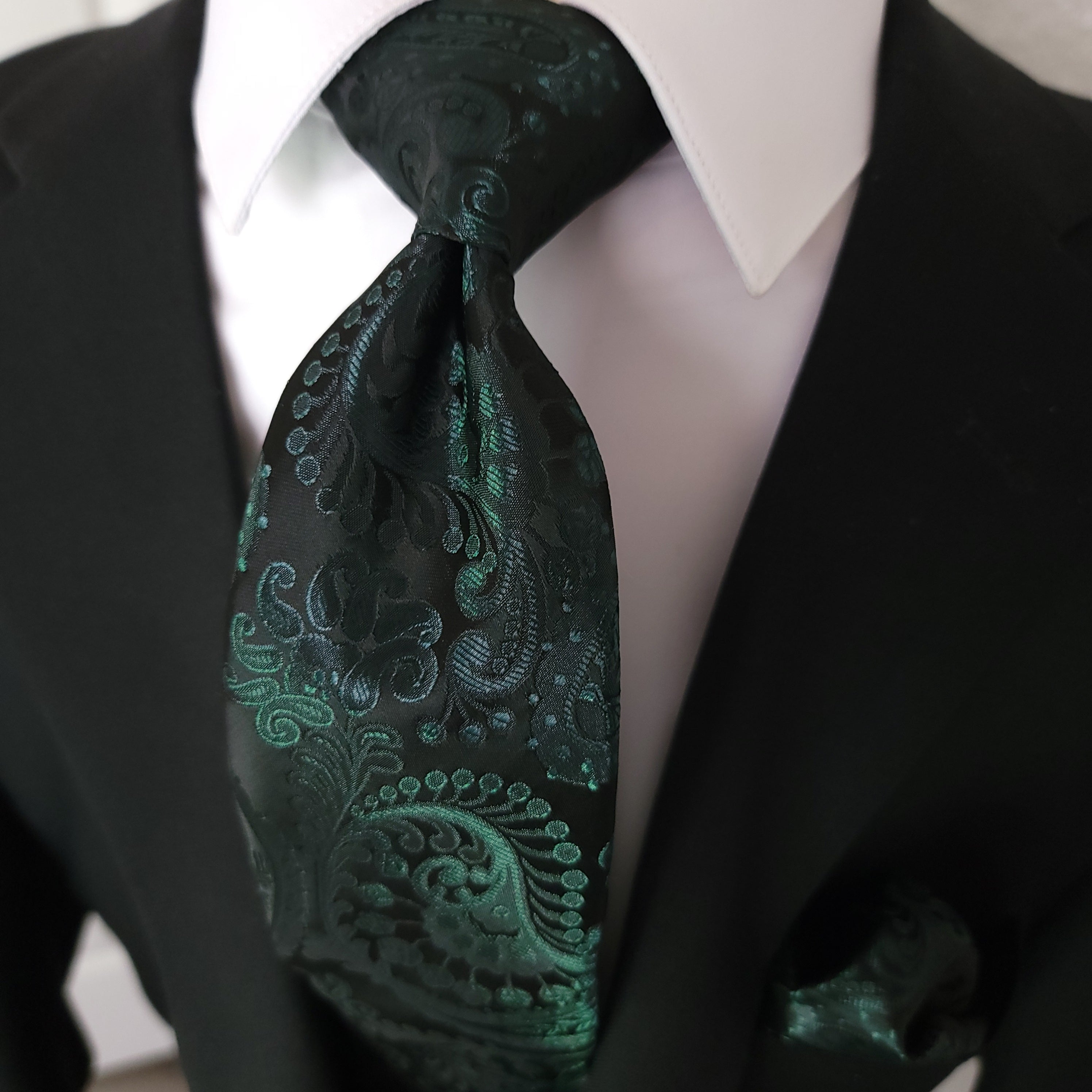 Dark Forest Green Paisley Silk Tie Pocket Square Cufflink Set  STYLETIE
