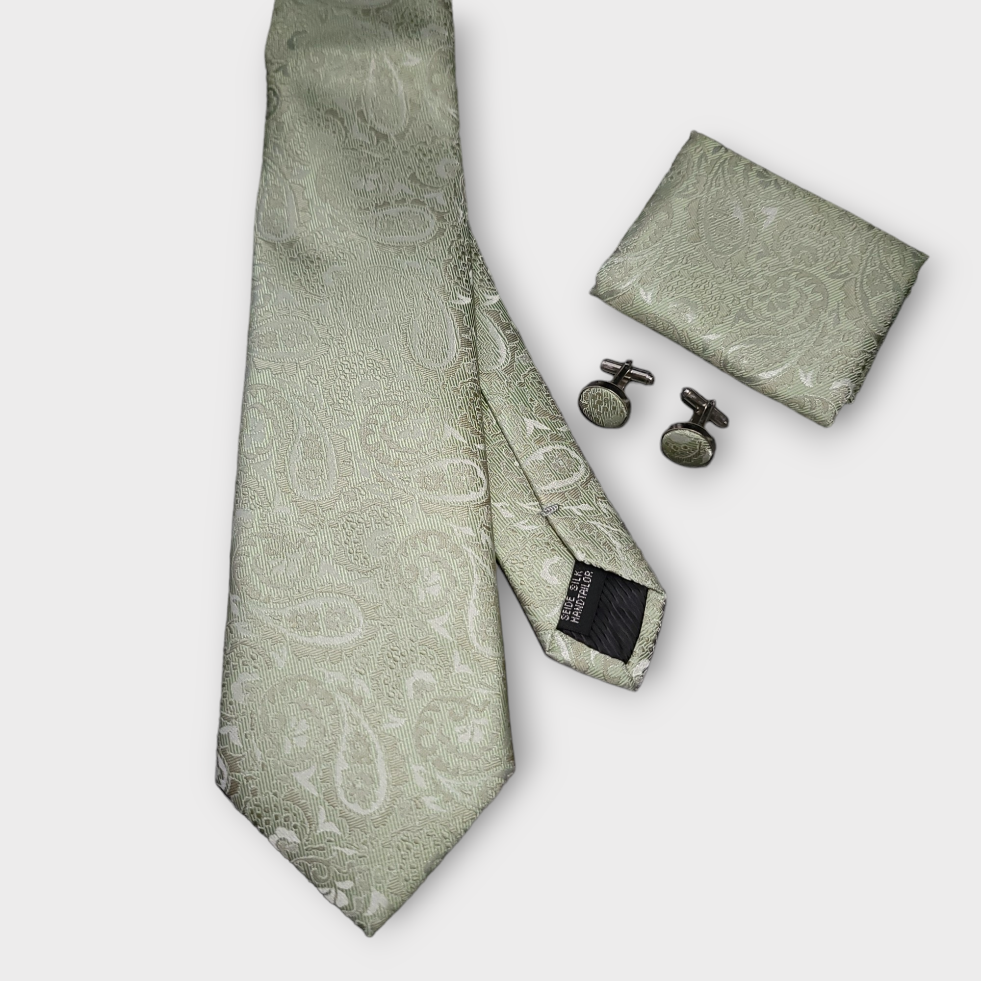 Sage Green Paisley Floral Silk Tie Pocket Square Cufflink Set