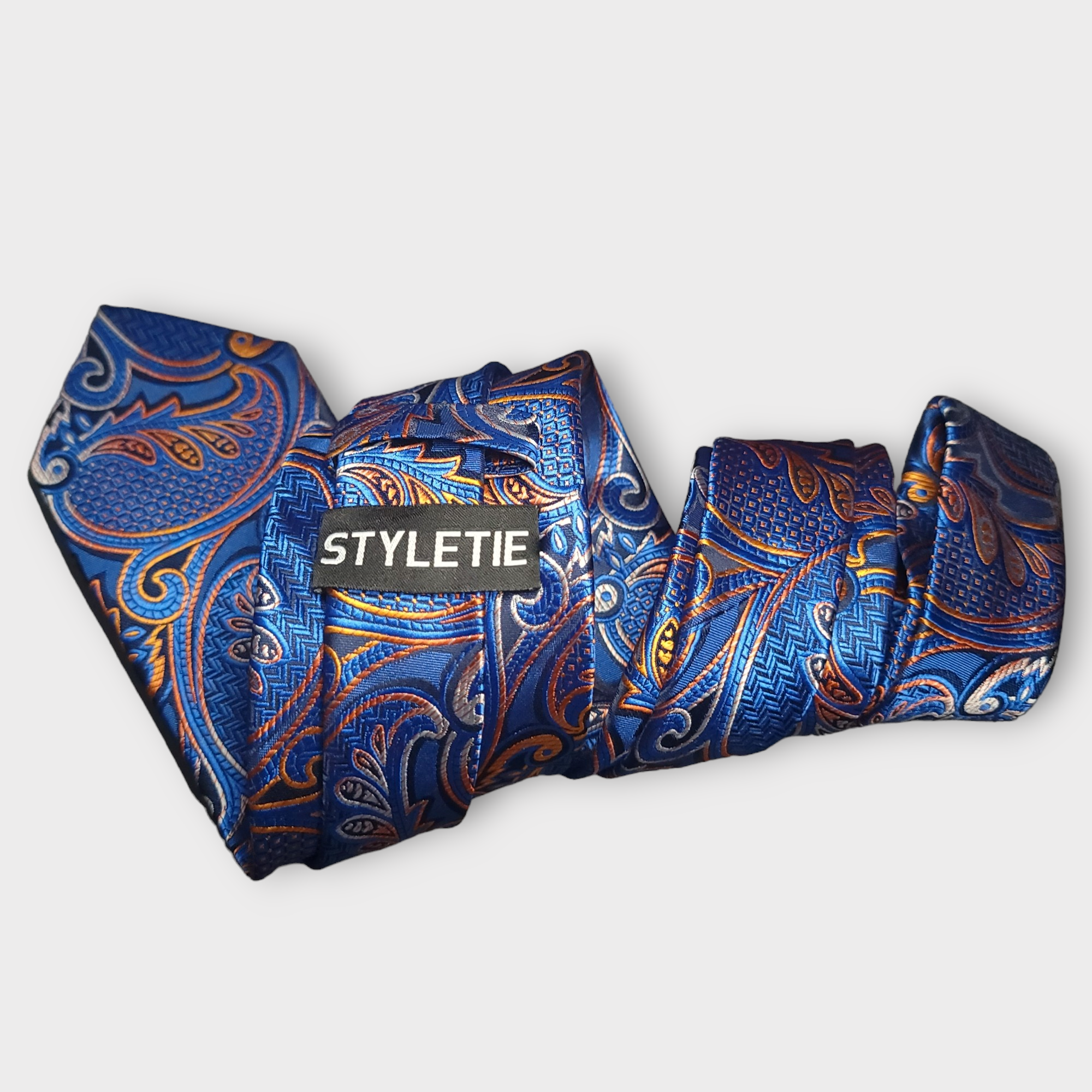 Royal Blue Orange Paisley Silk Tie Pocket Square Cufflink Set