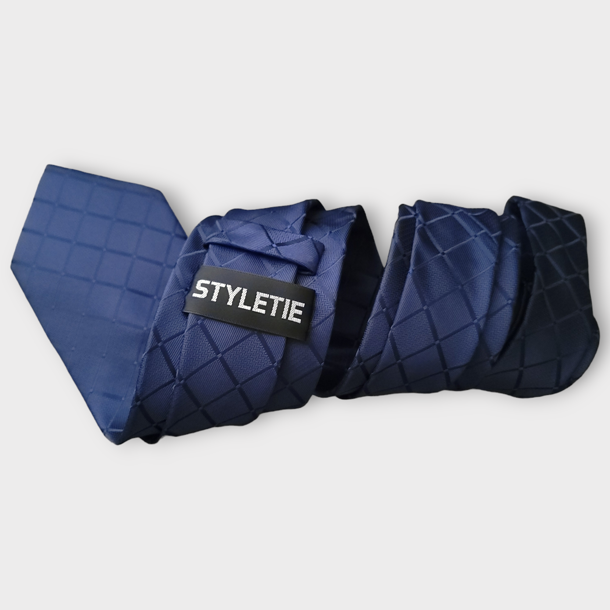 Extra Long Navy Blue Plaid Tie Pocket Square Cufflink Set