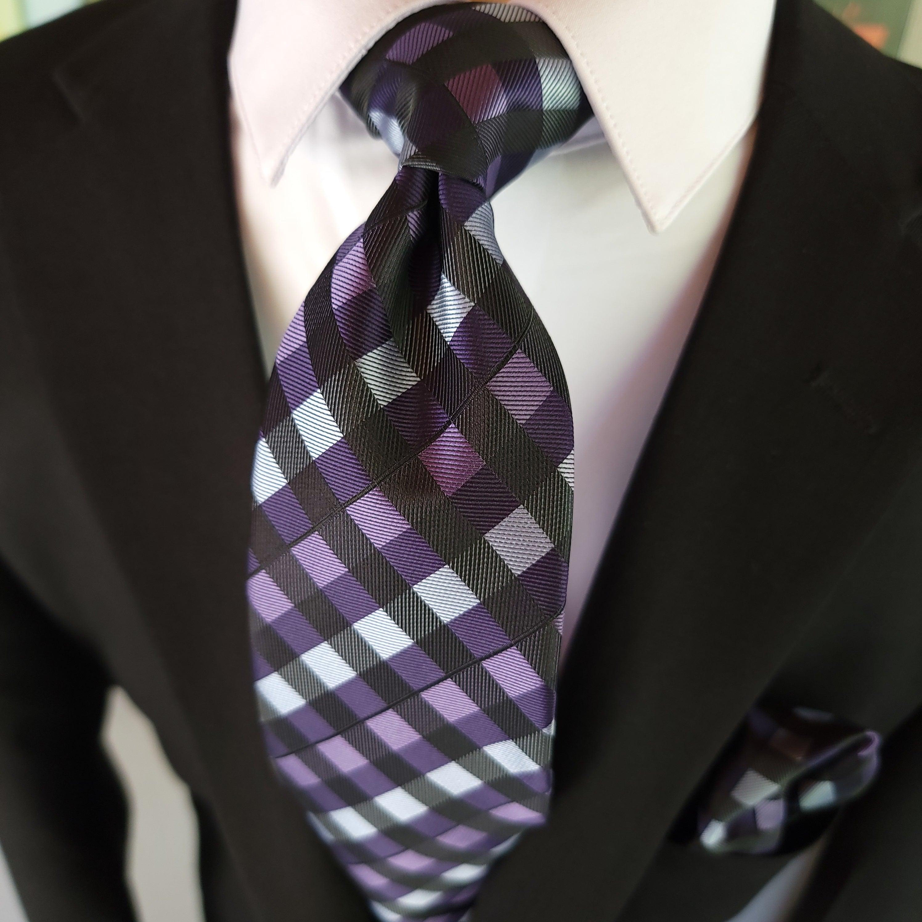 Black Purple Blue Plaid Silk Tie Pocket Square Cufflink Set