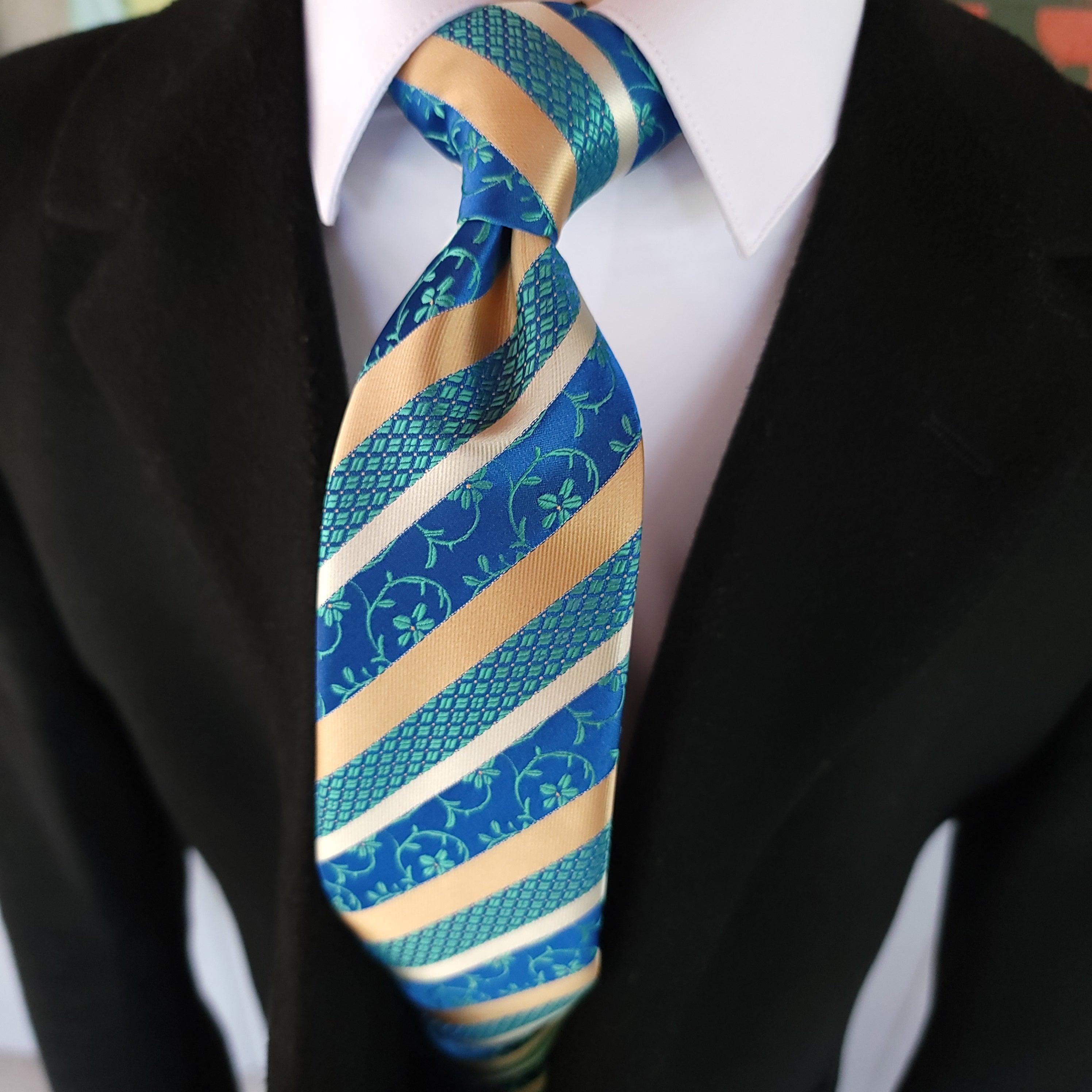 Blue Gold Stripe Floral Silk Tie Pocket Square Cufflink Set Blue Gold Stripe Floral Silk Tie Pocket Square Cufflink Set