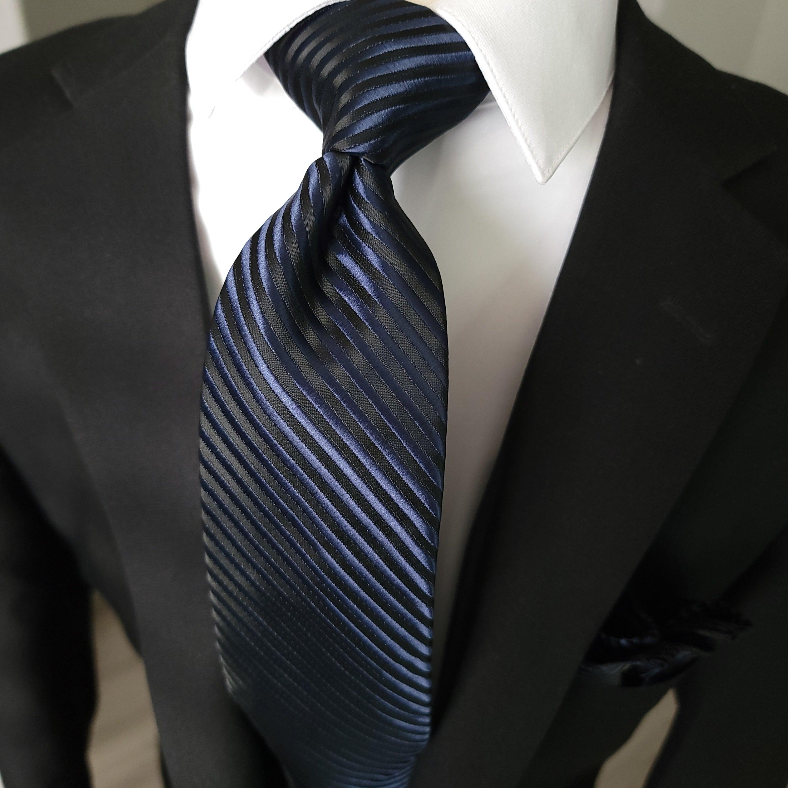 Navy Blue & Black Striped Silk Tie Pocket Square & Cufflinks Set Navy Blue & Black Striped Silk Tie Pocket Square & Cufflinks Set