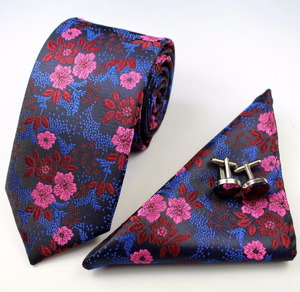 Blue Pink Floral Tie Silk Jacquard Necktie Hanky Cufflinks Set - STYLETIE