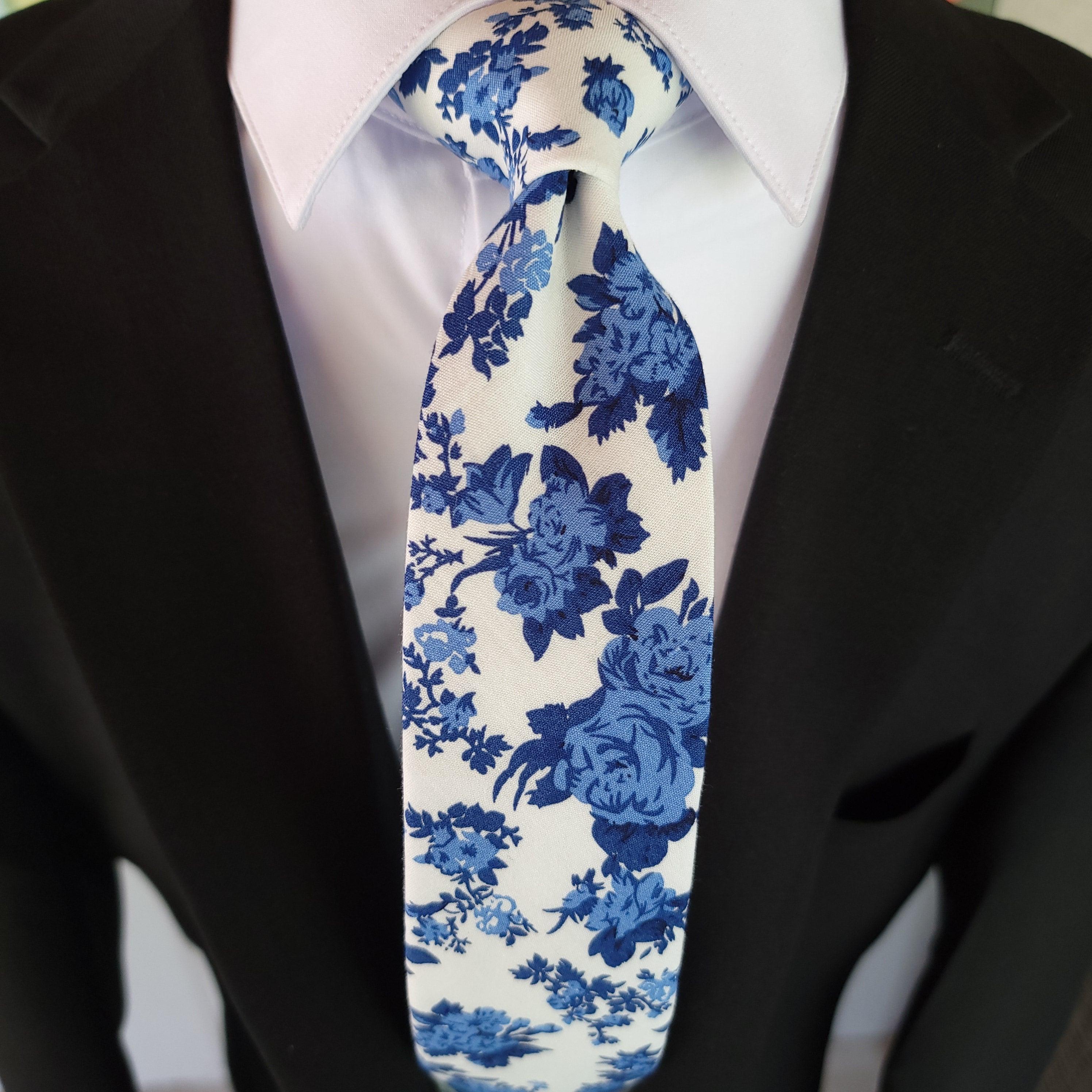 White Blue Floral Slim Tie