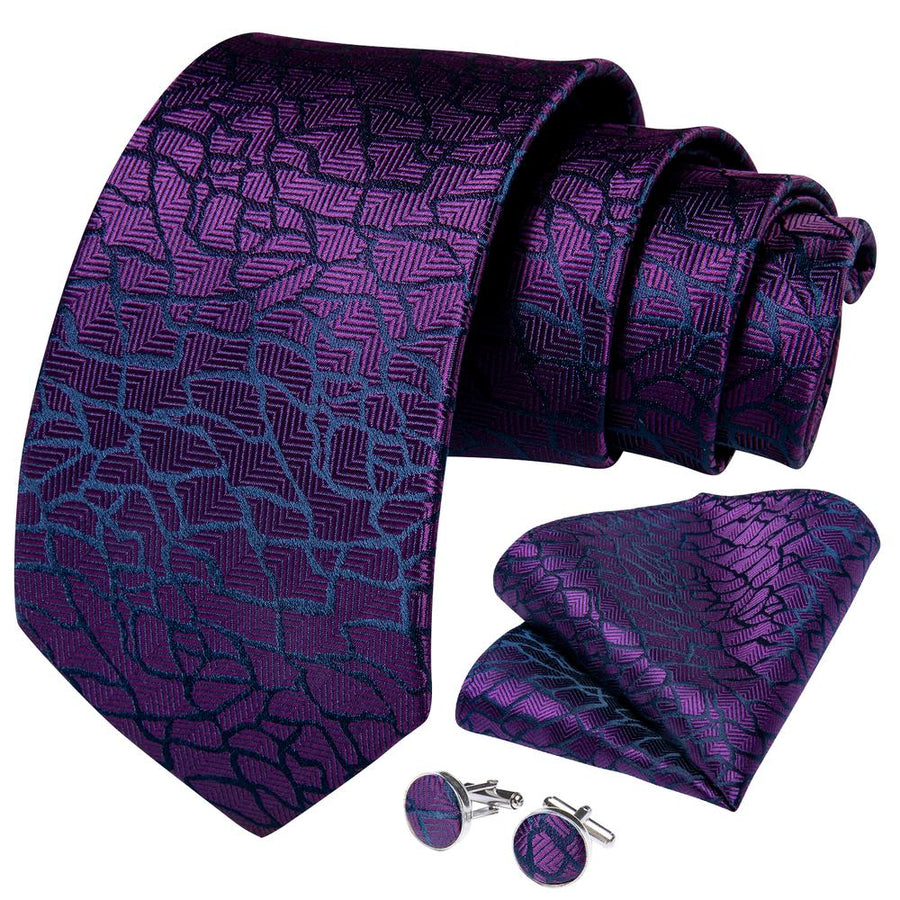 Purple Geometric Silk Tie Pocket Square Cufflinks Set