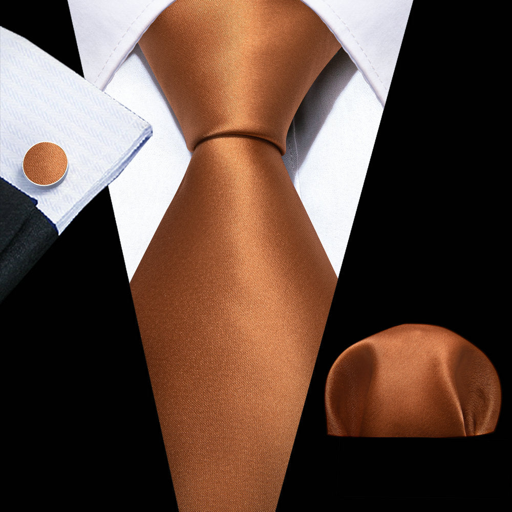 Copper Brown Solid Silk Tie Pocket Square Cufflink Set