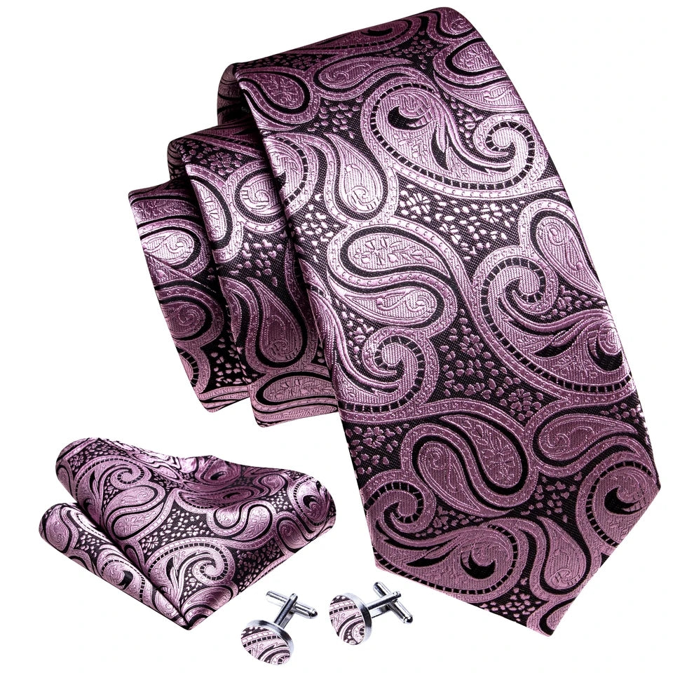 Black Coral Pink Paisley Silk Tie Pocket Square Cufflink Set