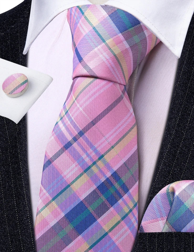 Pink Blue Plaid Silk Tie Pocket Square Cufflink Set