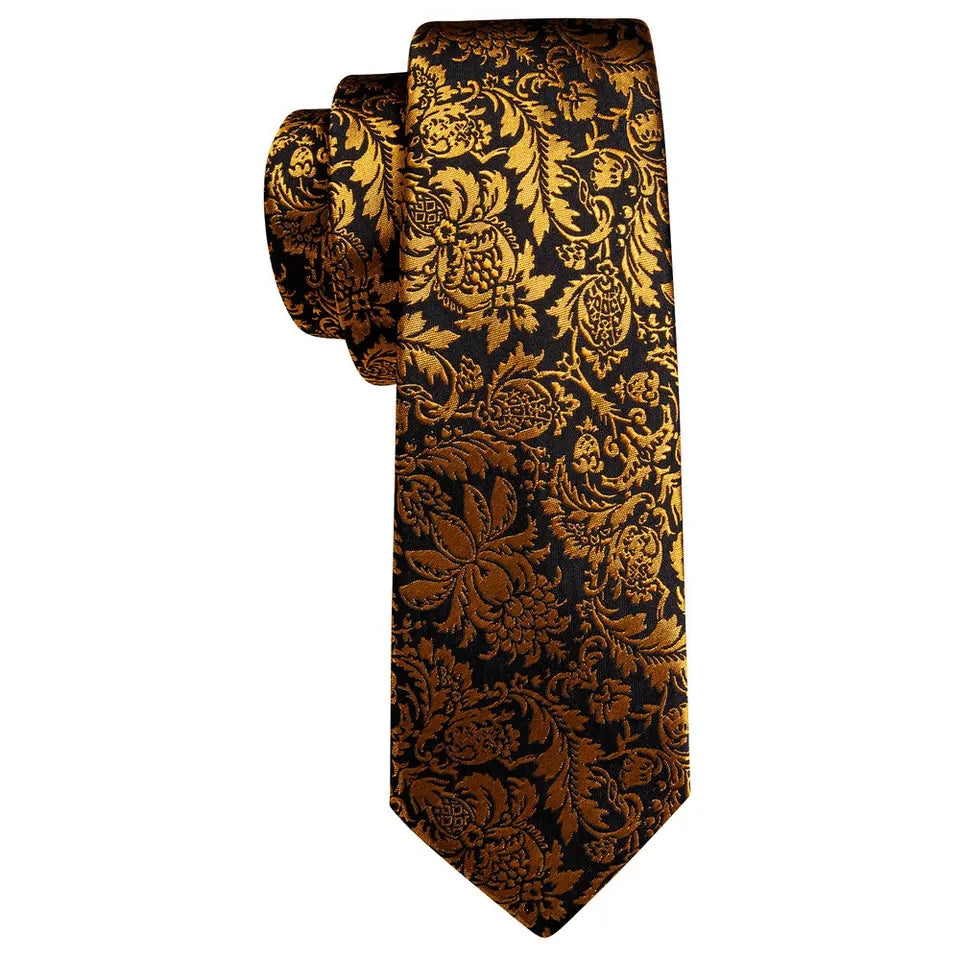 Black Gold Copper Floral Silk Tie Pocket Square Cufflink Set