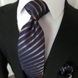 Blue Stripe Gold Silk Tie Pocket Square Cufflinks Set