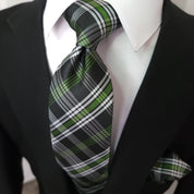 Green White Plaid Silk Tie Pocket Square Cufflink Set
