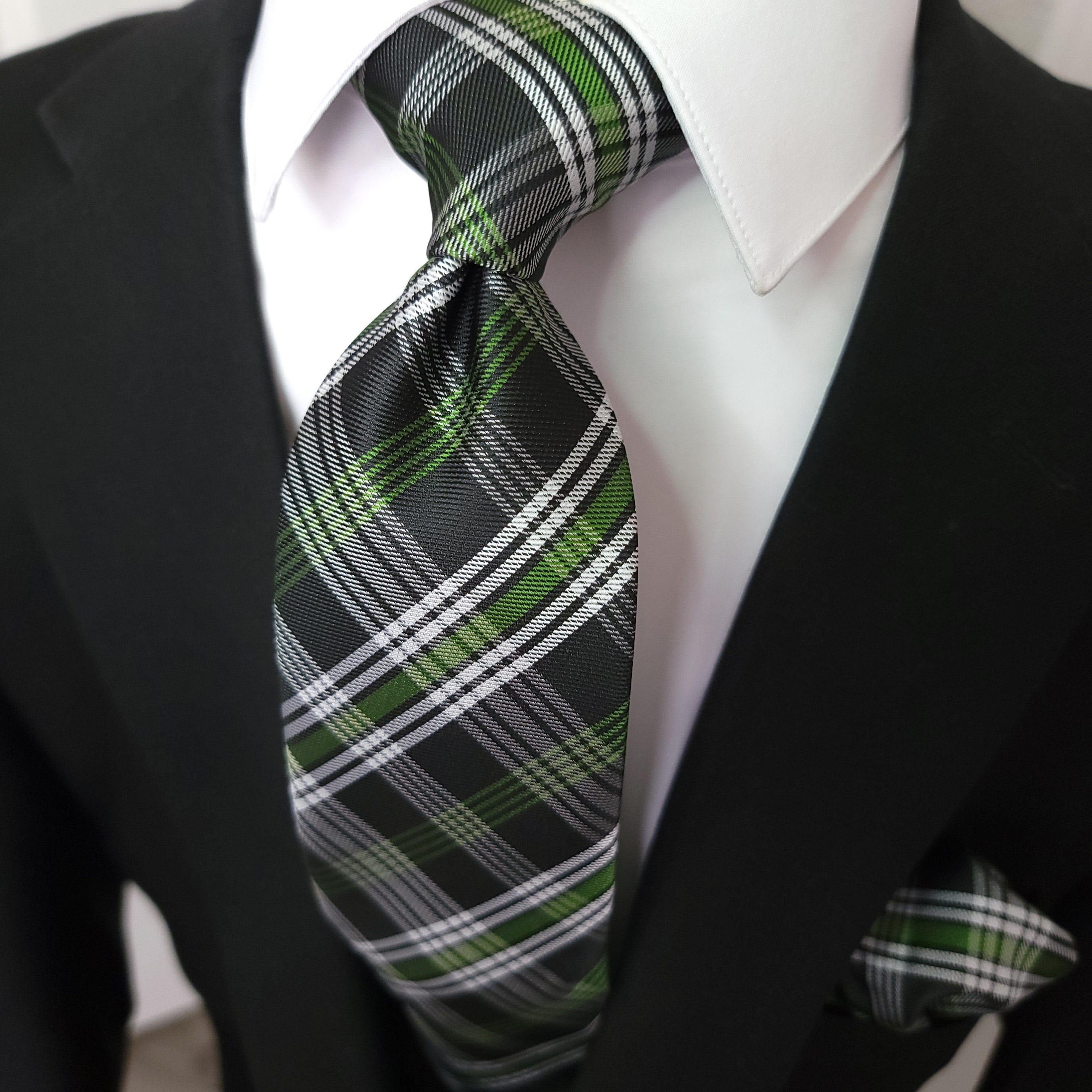 Green White Plaid Silk Tie Pocket Square Cufflink Set