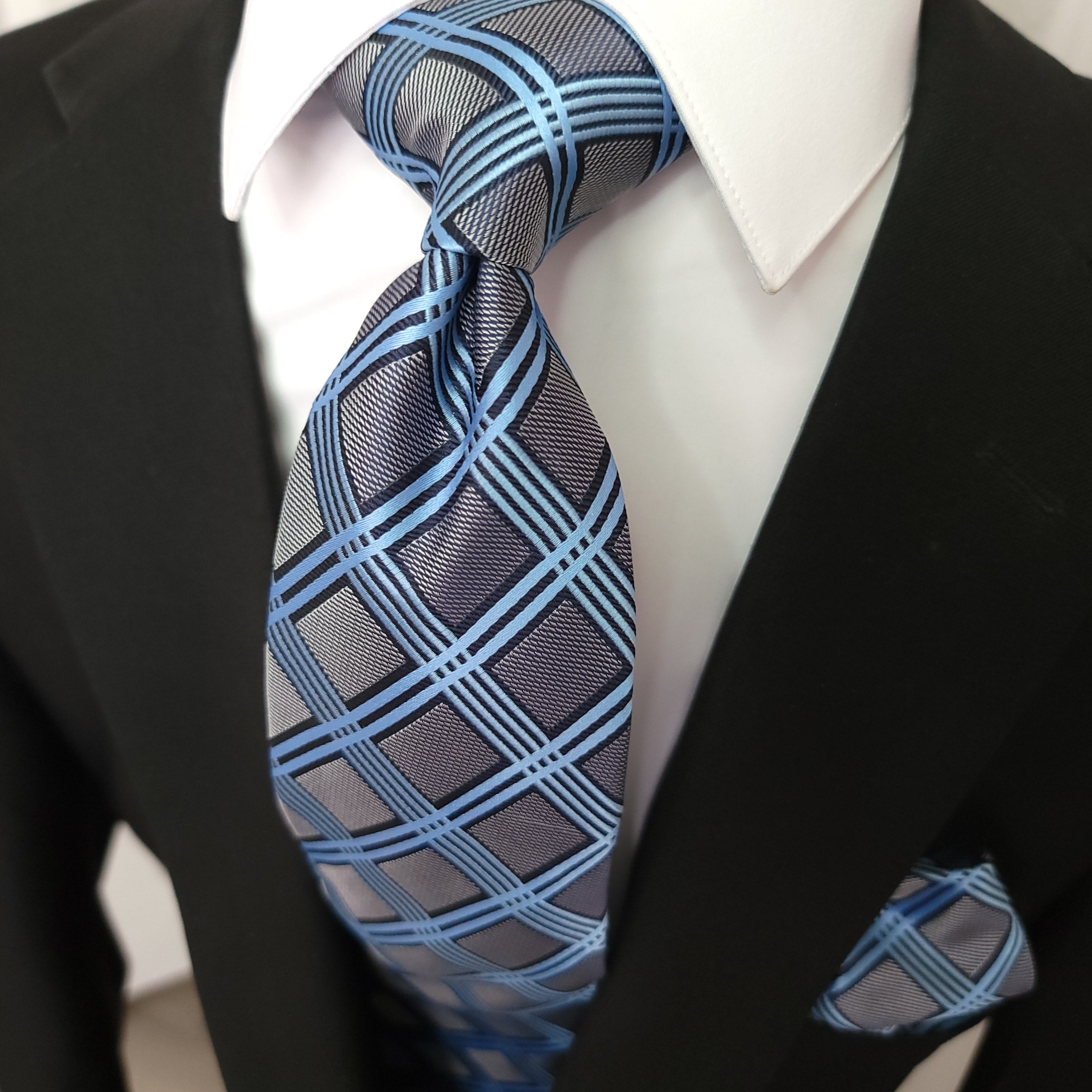 Blue Darkgray Plaid Tie Pocket Square Cufflinks Set