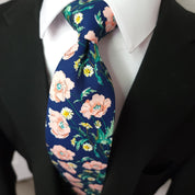 Navy Blue Pink Yellow Floral Leaf Tie