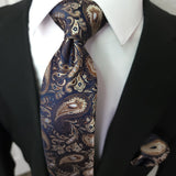 Gold Navy Blue Paisley Silk Tie Pocket Square Cufflink Set