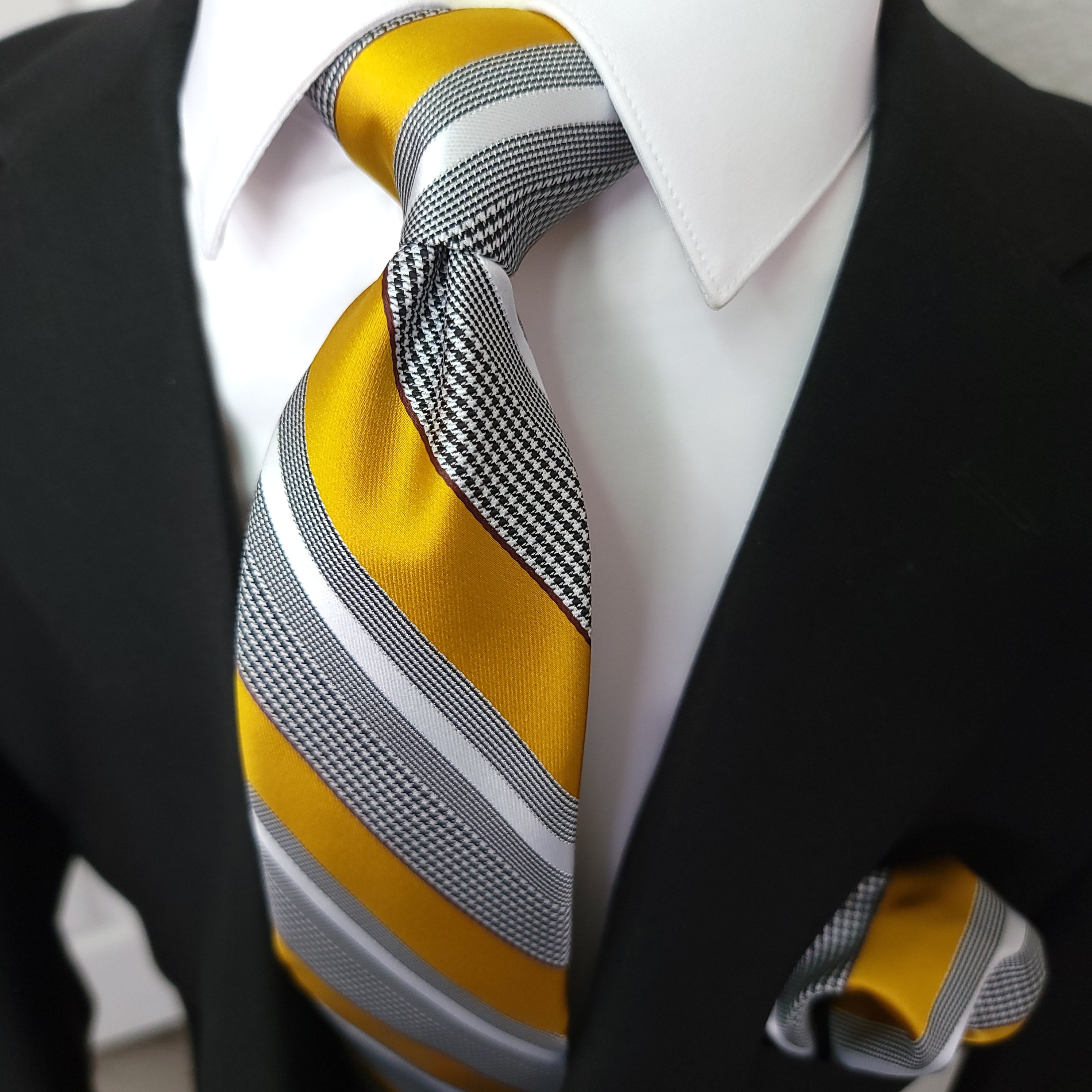 Gold White Striped Silk Tie Pocket Square Cufflinks Set
