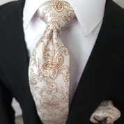 Light Brown Luxury Paisley Silk Tie Pocket Square Cufflink Set