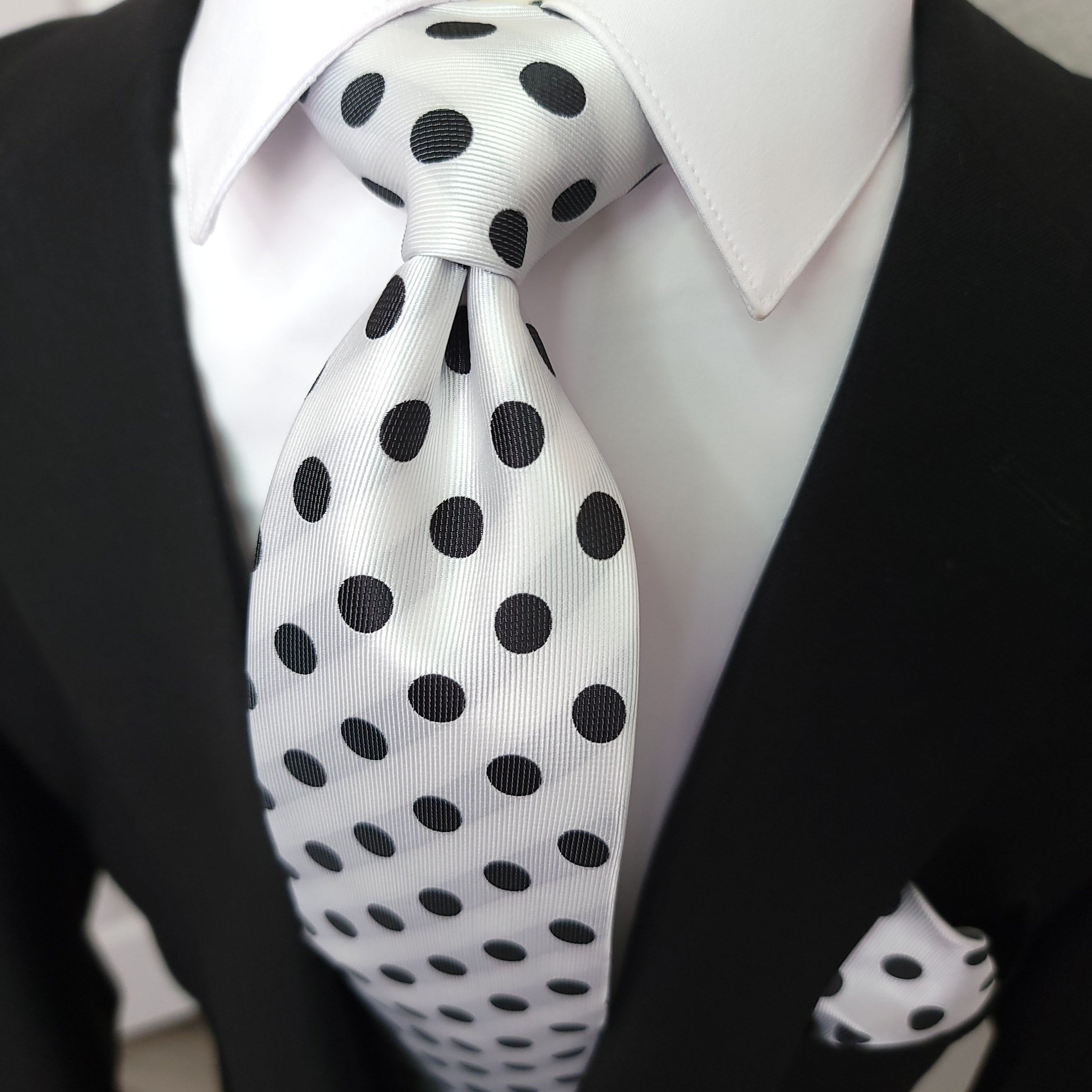 Classic White Black Polka Dot Silk Tie Pocket Square Cufflink Set