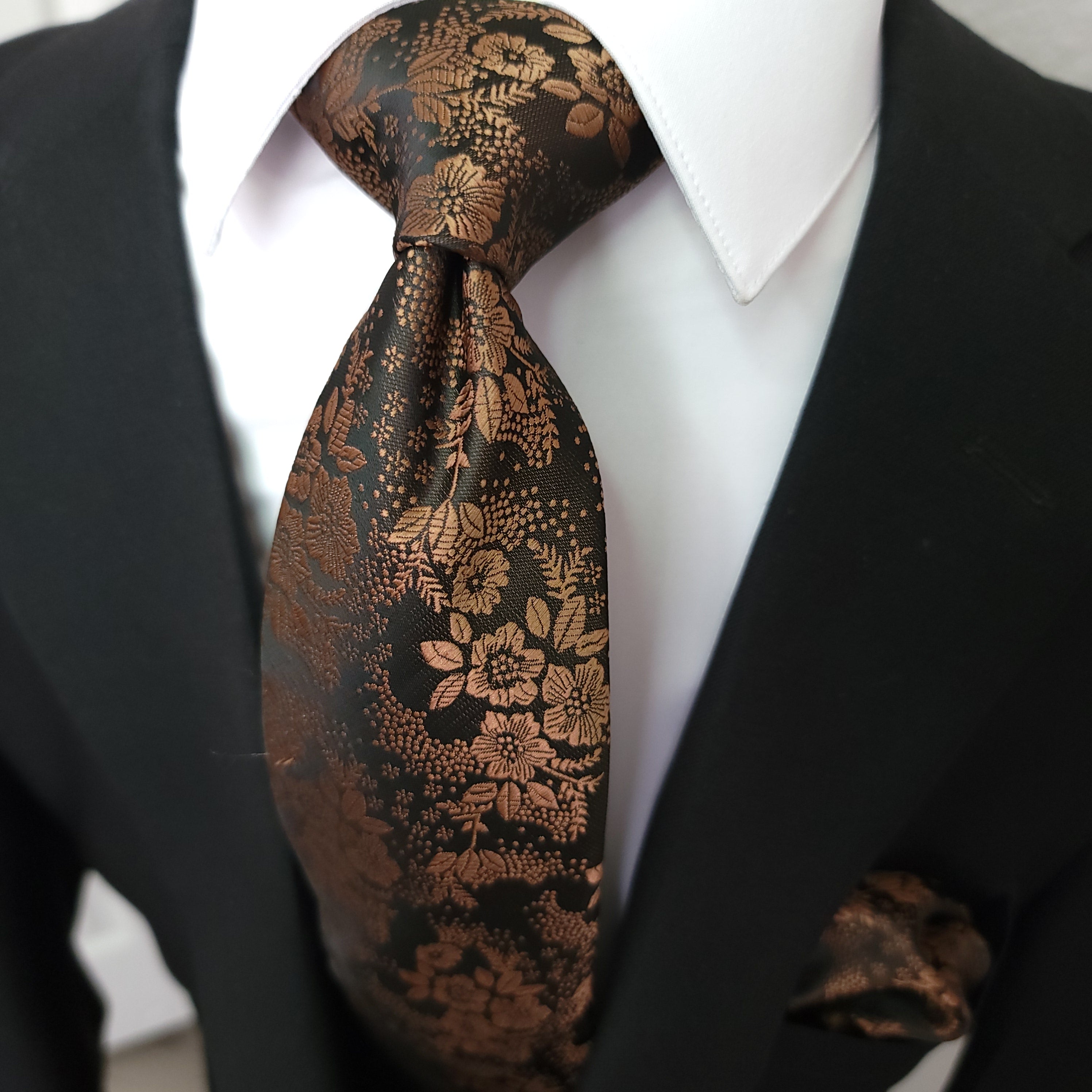 Brown Floral Silk Tie Pocket Square Cufflink Set