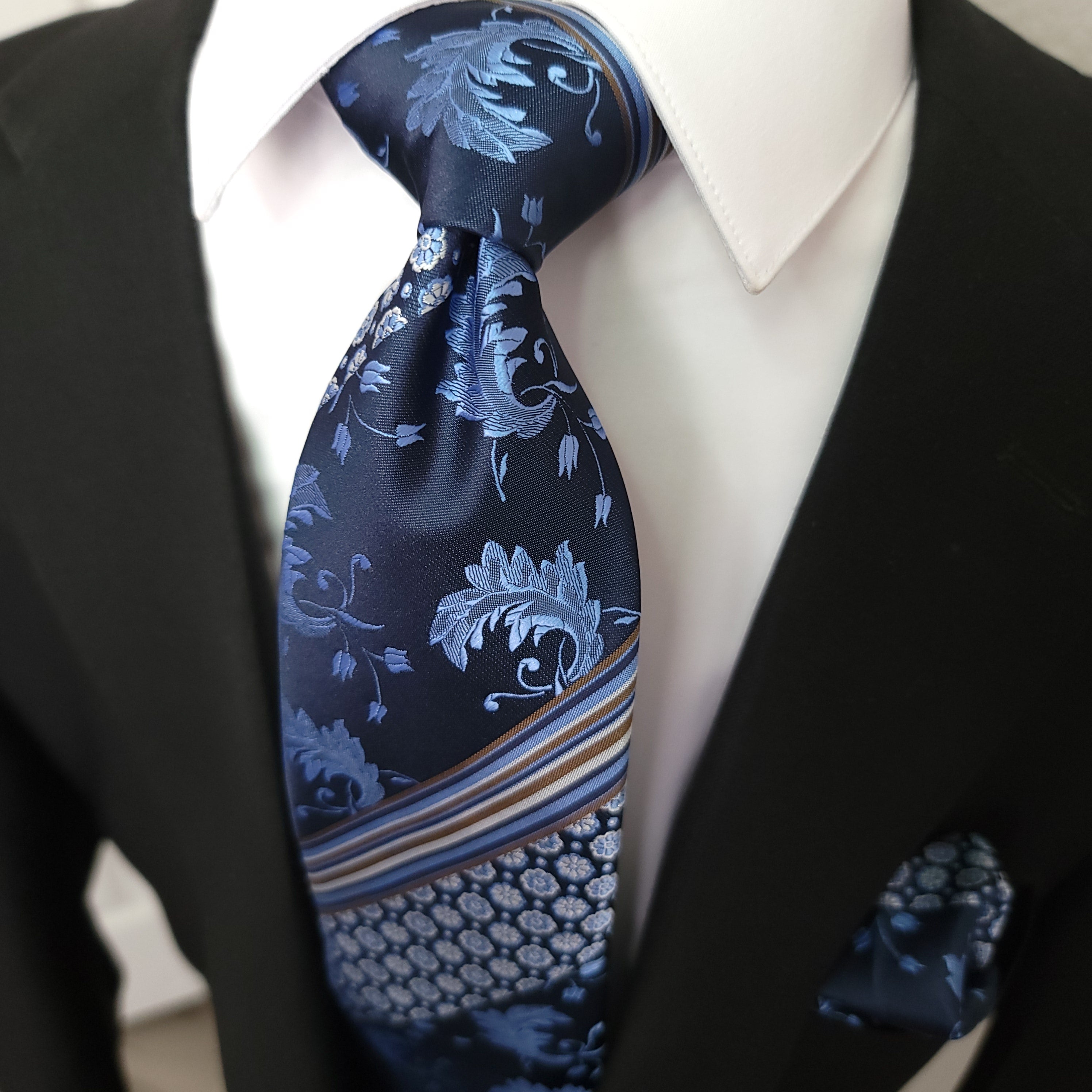 Navy Blue Floral Stripe Silk Tie Pocket Square Cufflink Set