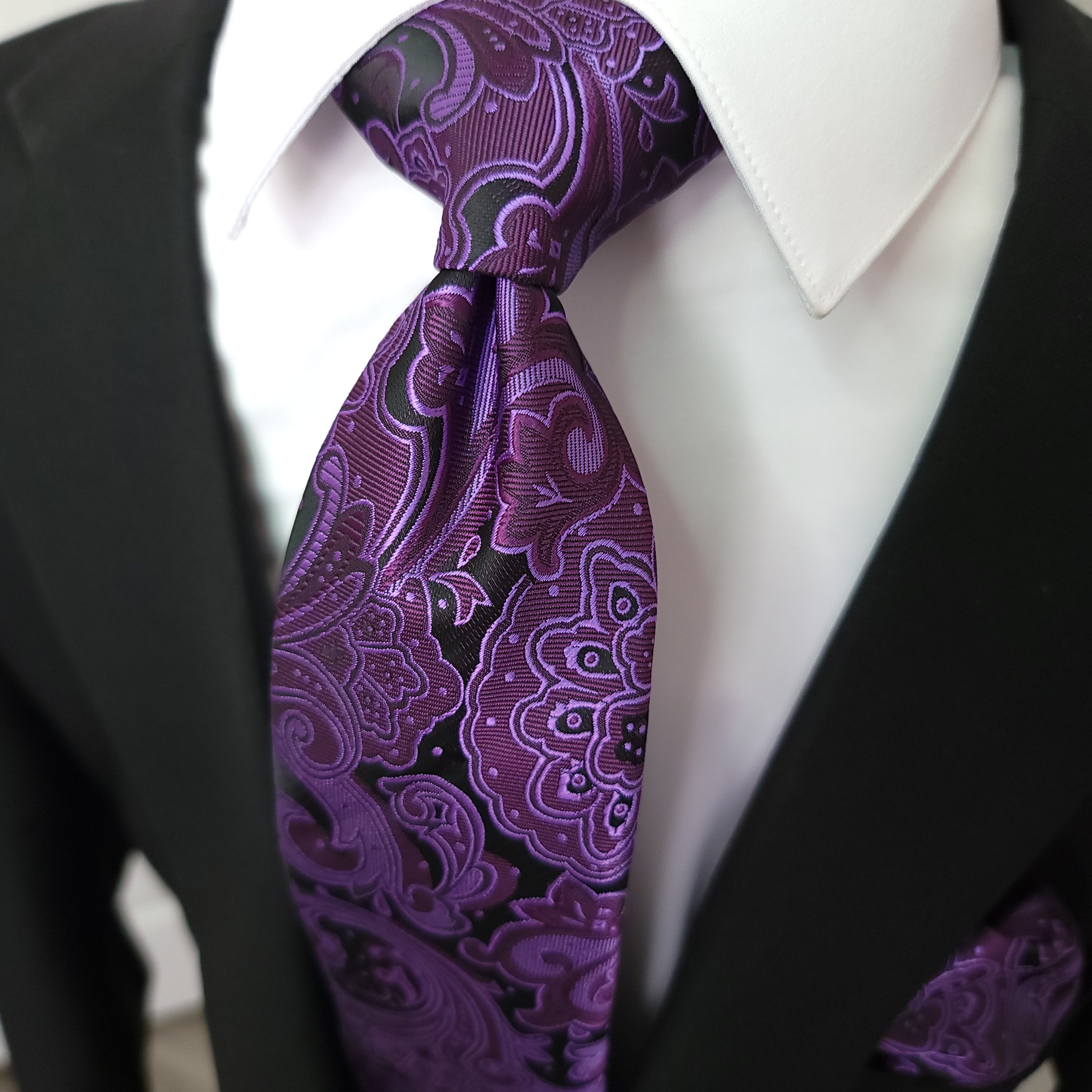 Black Purple Silk Tie Pocket Square Cufflink Set