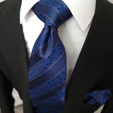Navy Blue Striped Silk Tie Pocket Square Cufflink Set