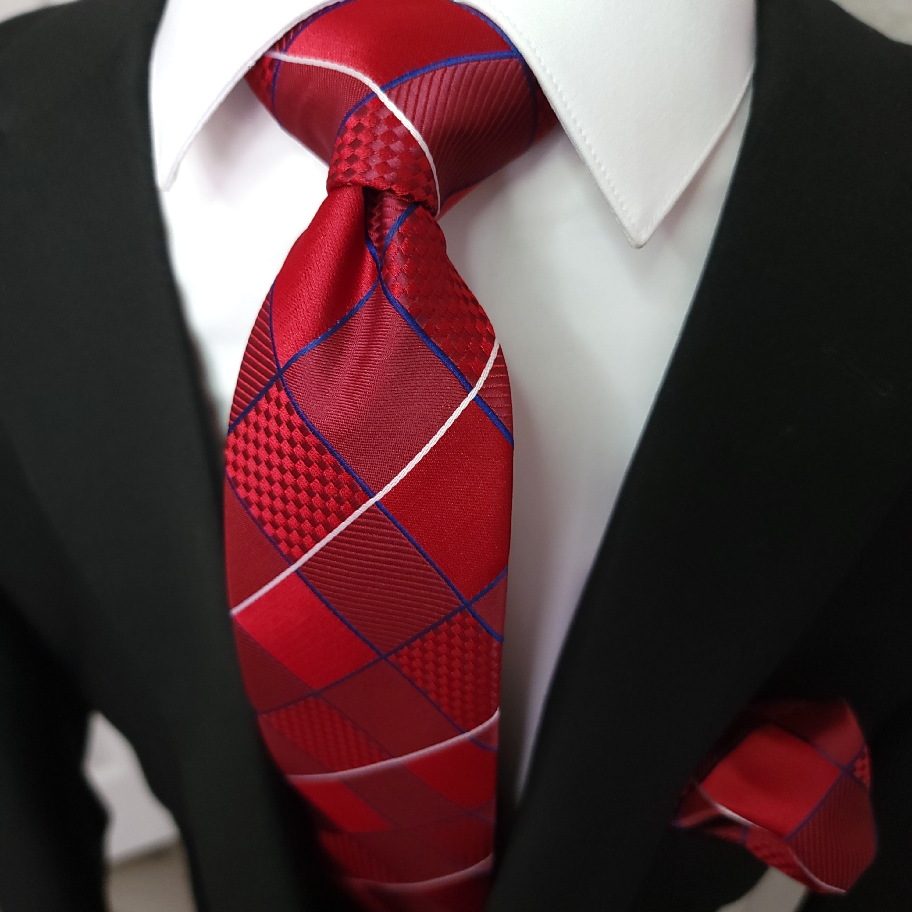 Red Plaid Silk Tie Pocket Square Cufflink Set