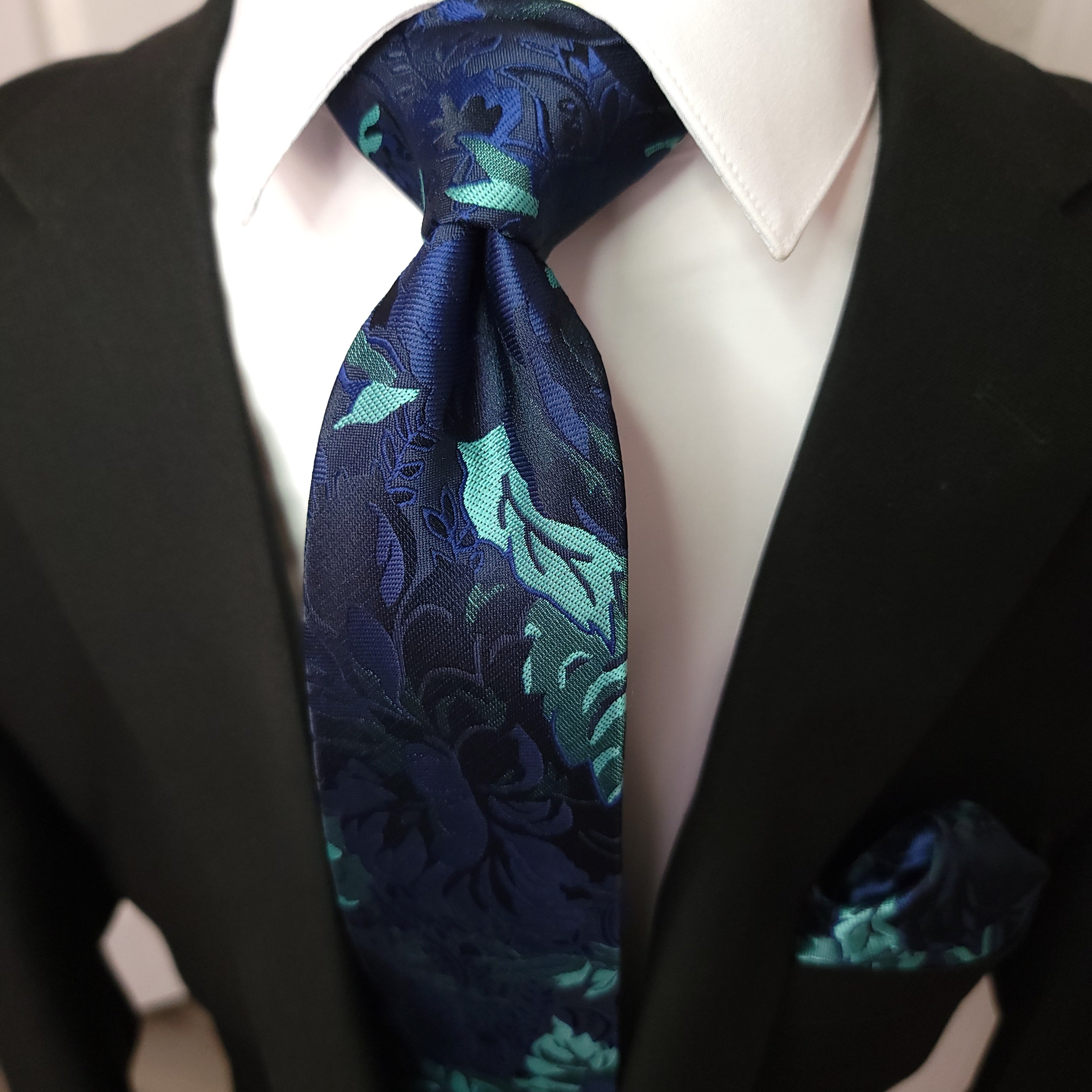 Navy Blue Teal Floral Silk Tie Pocket Square Cufflink Set