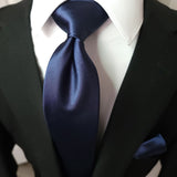 Navy Blue Solid Silk Tie Pocket Square Cufflink Set