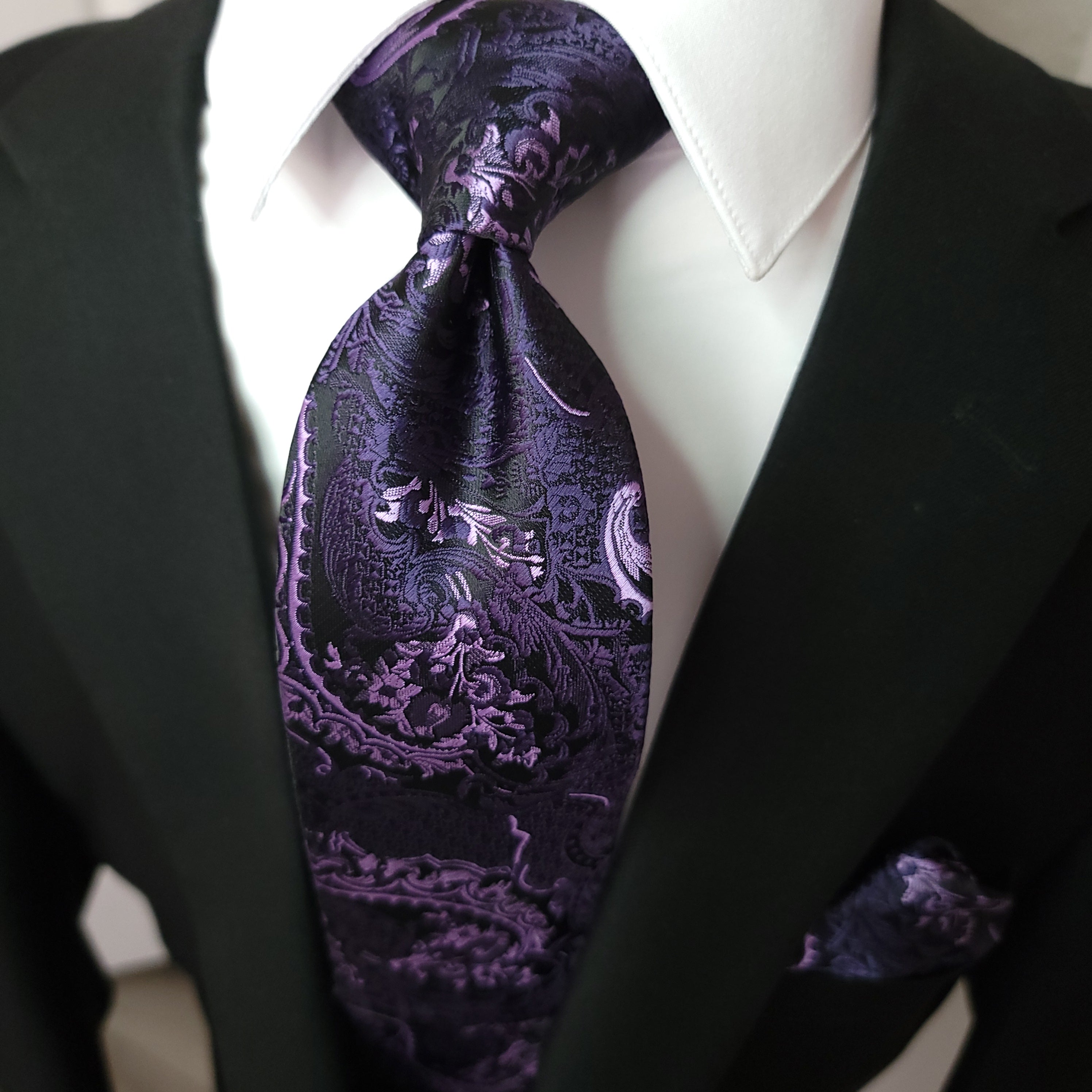 Purple Flower Silk Tie Pocket Square Cufflink Set