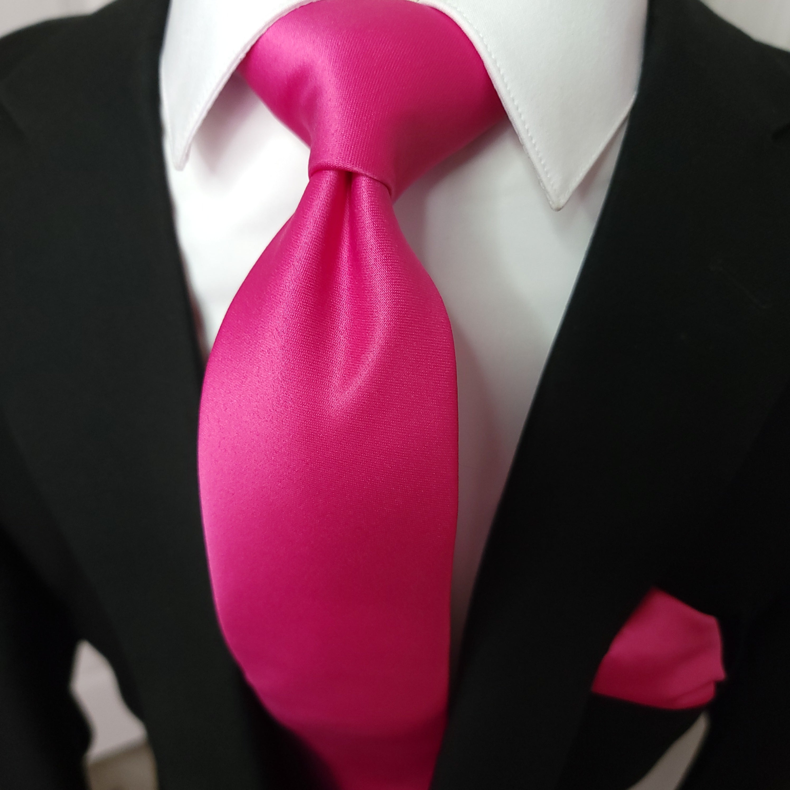 Hot Pink Solid Silk Tie Pocket Square Cufflink Set