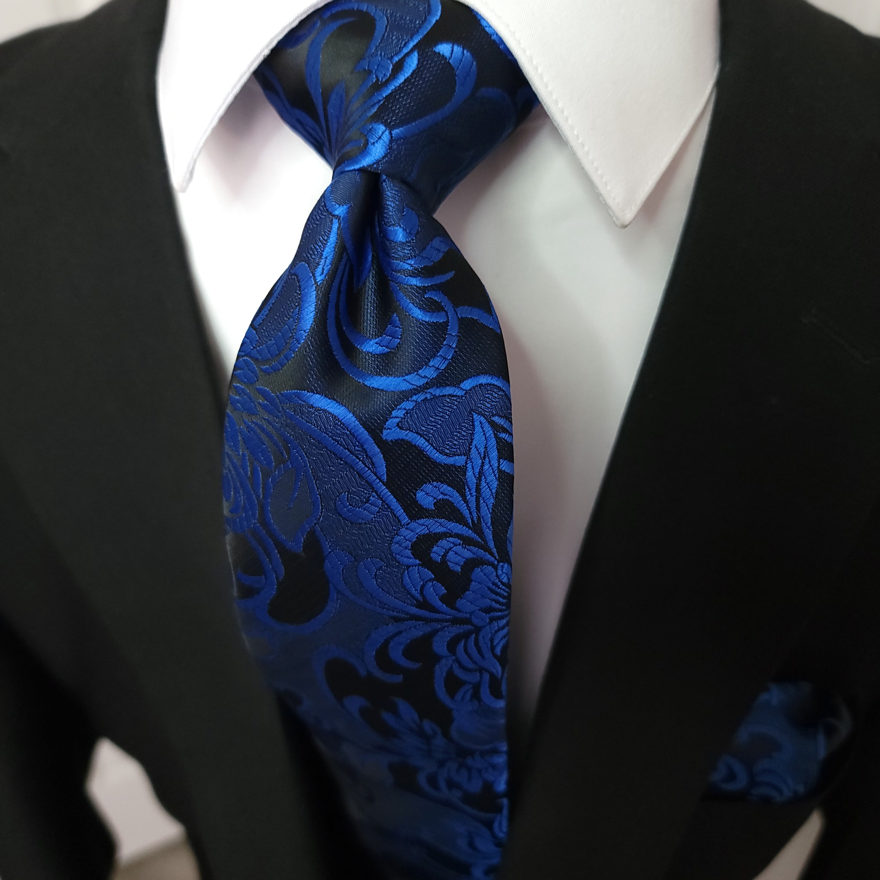 Sapphire Blue Floral Silk Tie Pocket Square Cufflink Set