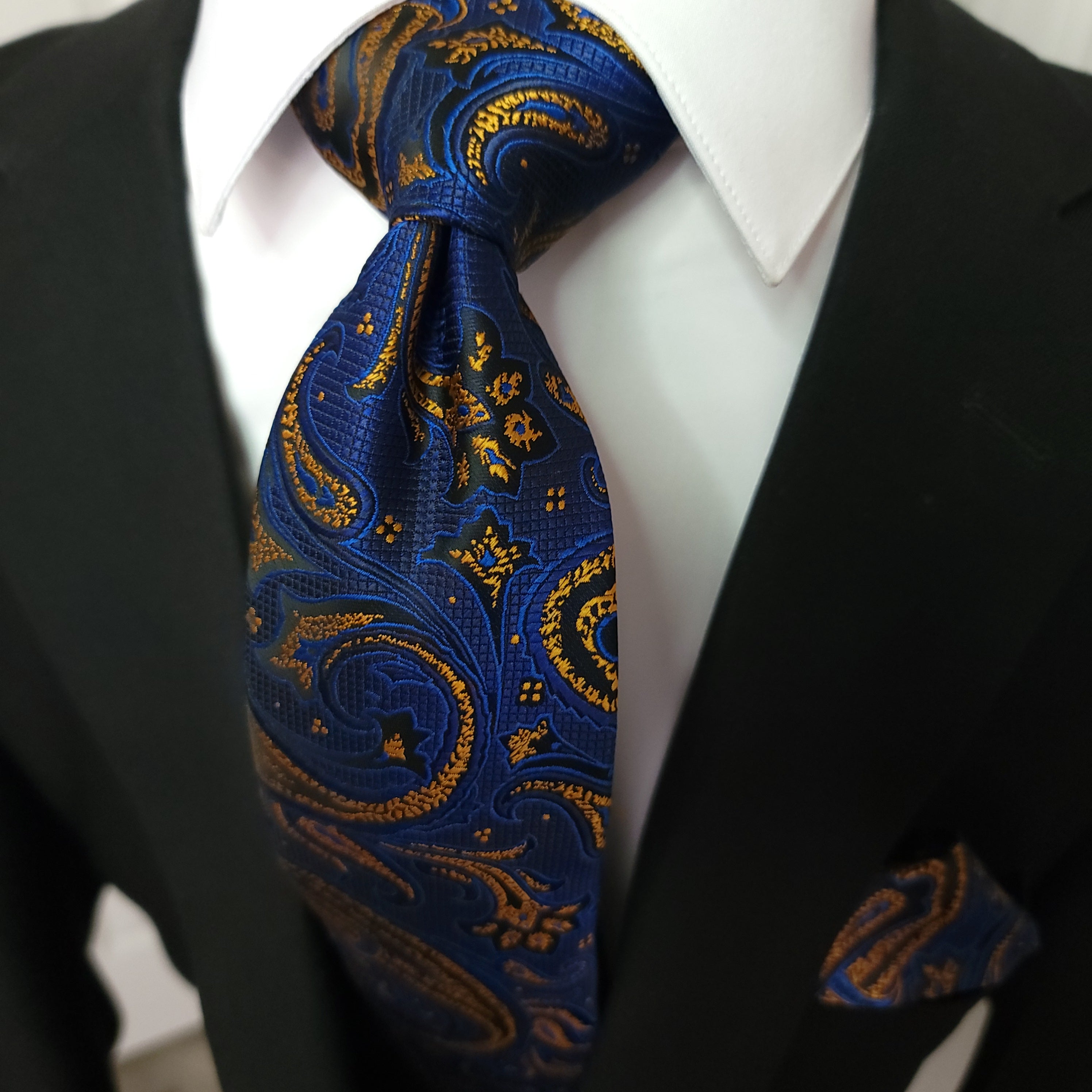Navy Blue Gold Paisley Silk Tie Pocket Square Cufflinks Set