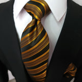 Black Gold Stripe Silk Tie Pocket Square Cufflink Set