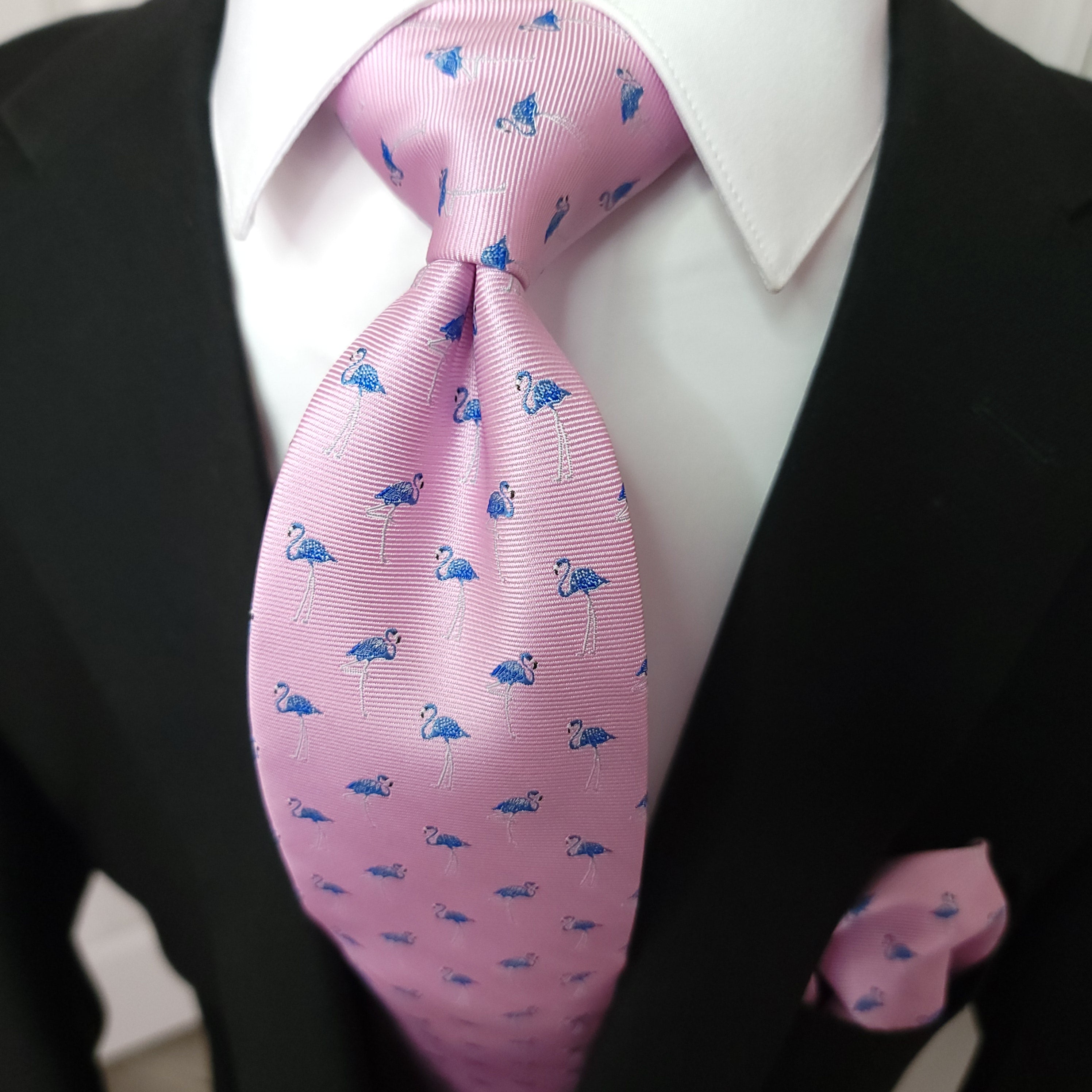 Pink Flamingo Silk Tie Pocket Square Cufflink Set