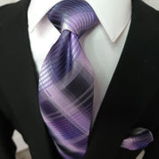Purple Plaid Silk Tie Pocket Square Cufflink Set