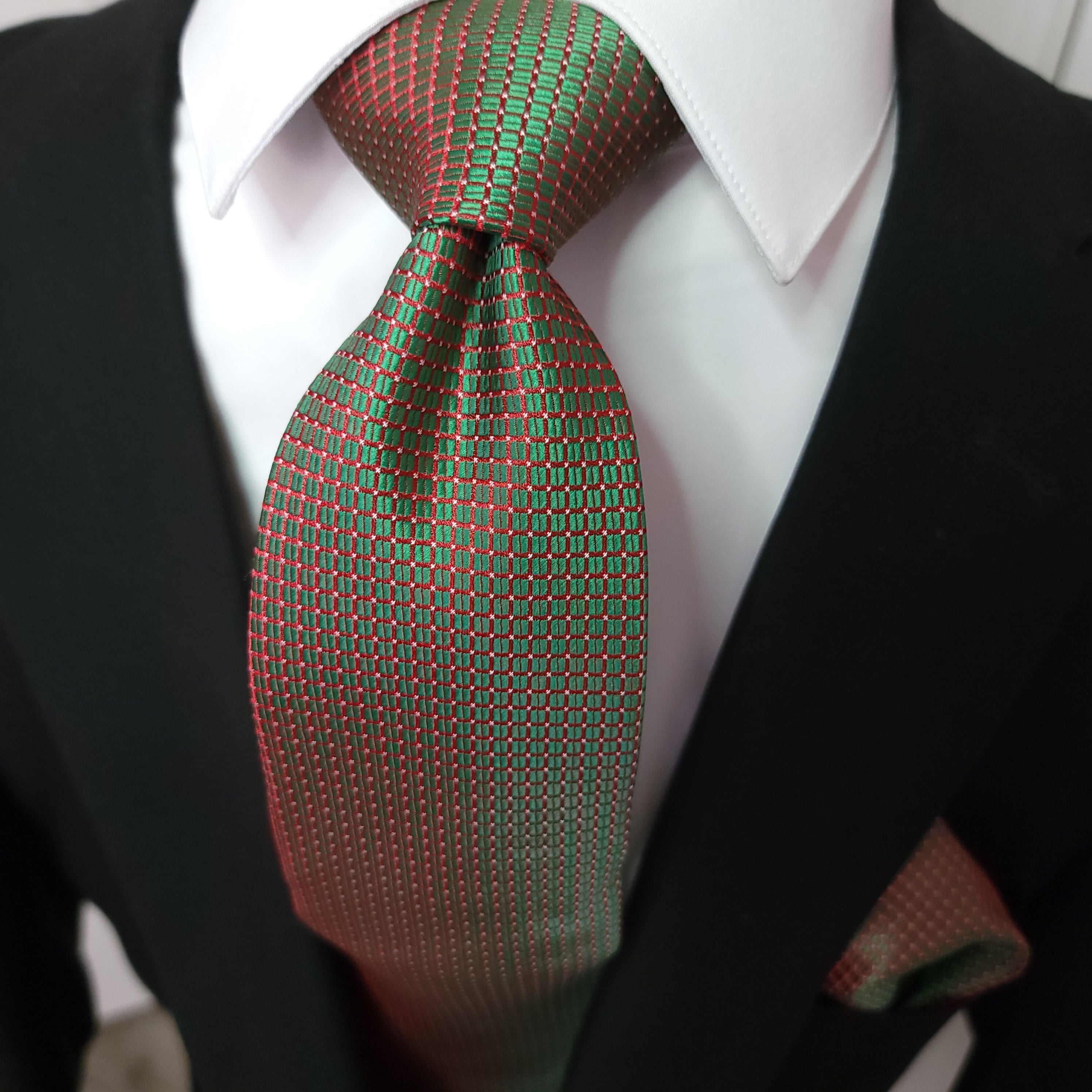 Green Red Solid Novelty Silk Tie Pocket Square Cufflink Set