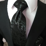 Extra Long Black Floral Tie Pocket Square Cufflink Set