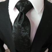 Black Floral Solid Silk Tie Pocket Square Cufflink Set