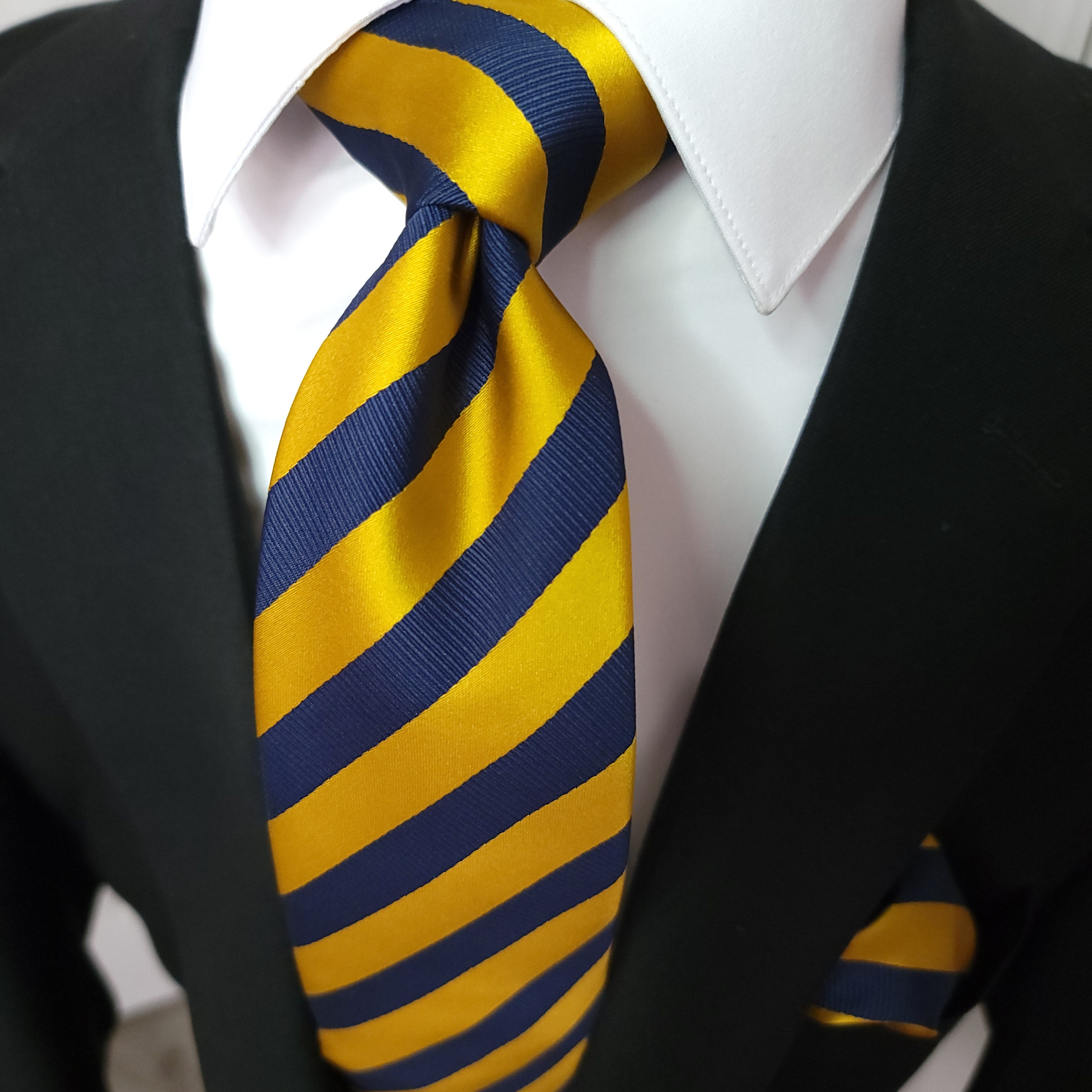 Navy Blue Gold Stripe Silk Tie Pocket Square Cufflink Set