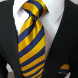 Navy Blue Gold Stripe Silk Tie Pocket Square Cufflink Set