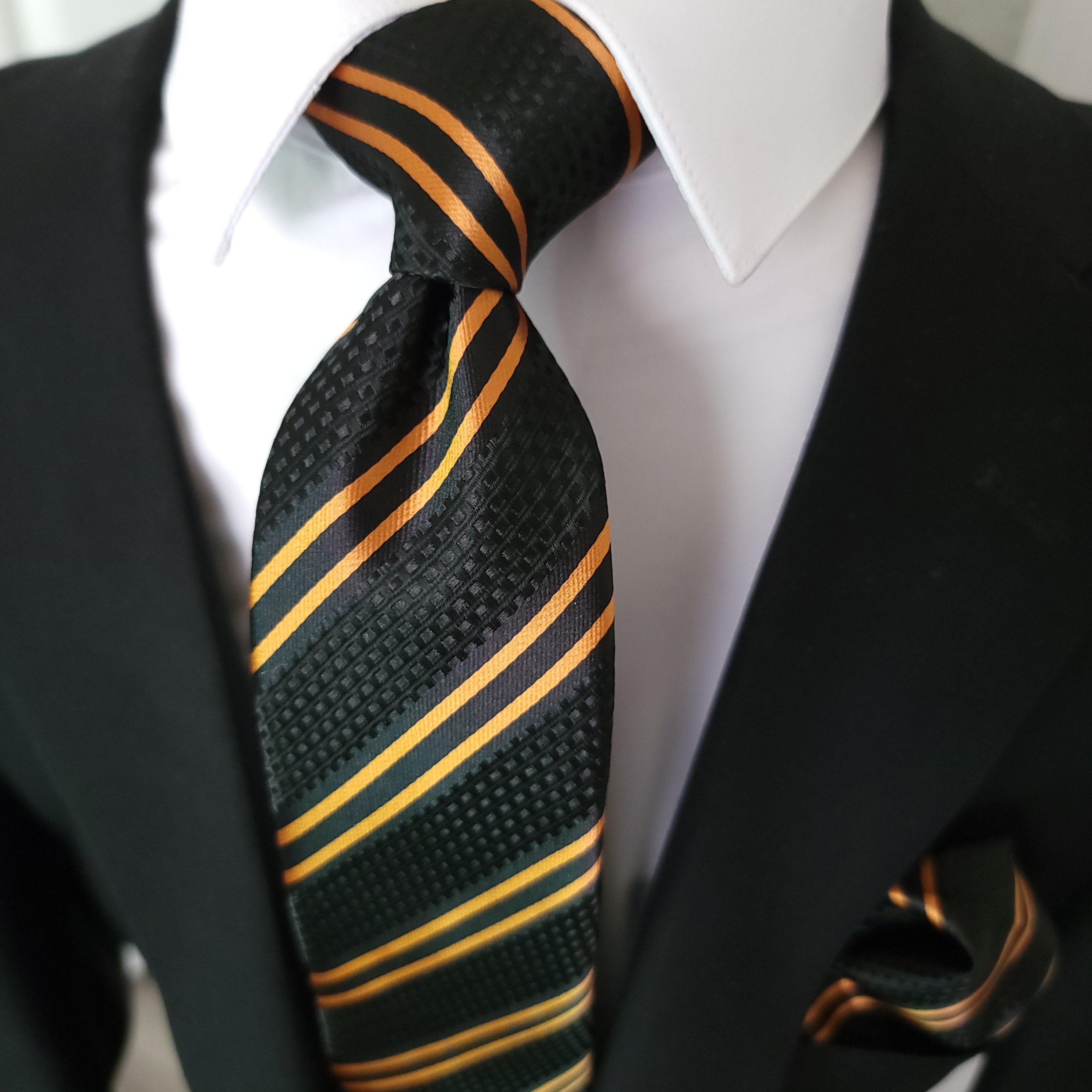 Extra Long Black Orange Stripe Tie Pocket Square Cufflink Set
