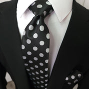 Classic Black Polka Dot Silk Tie Pocket Square Cufflinks Set