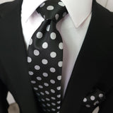 Classic Black Polka Dot Silk Tie Pocket Square Cufflinks Set