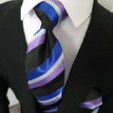 Black Purple Blue Stripe Silk Tie Pocket Square Cufflink Set