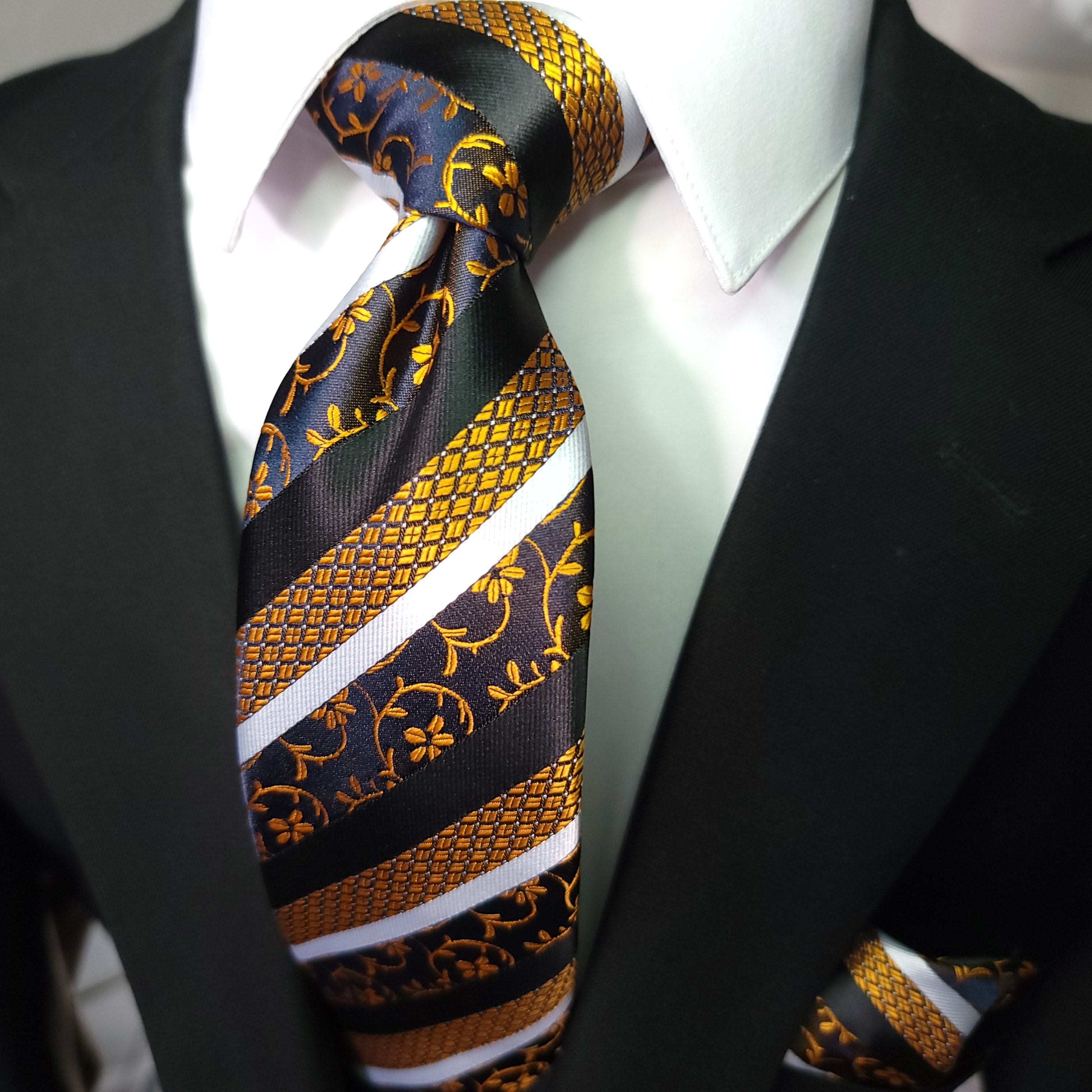 Black Gold Stripe Floral Silk Tie Pocket Square Cufflink Set