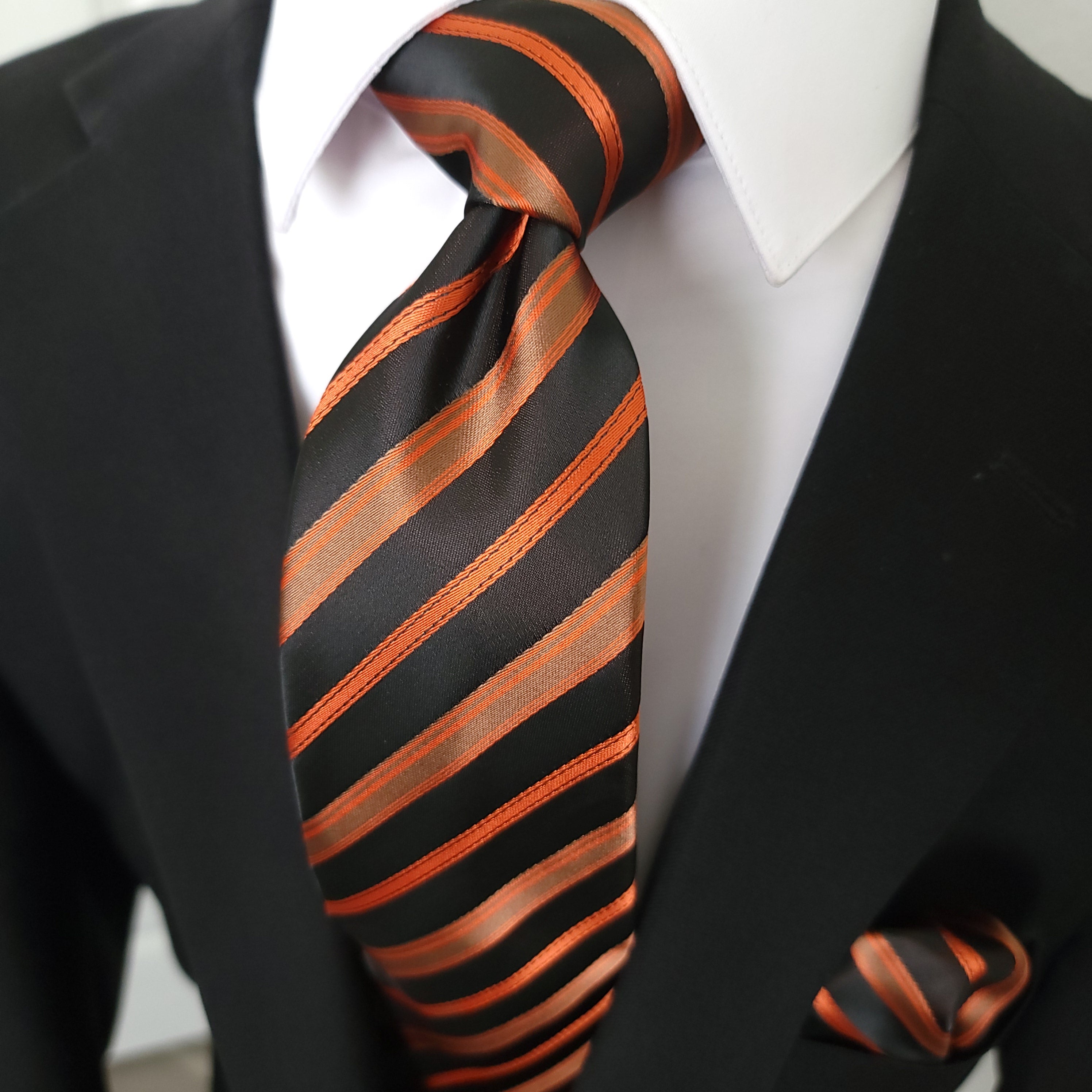 Black Orange Striped Silk Tie Pocket Square Cufflink Set